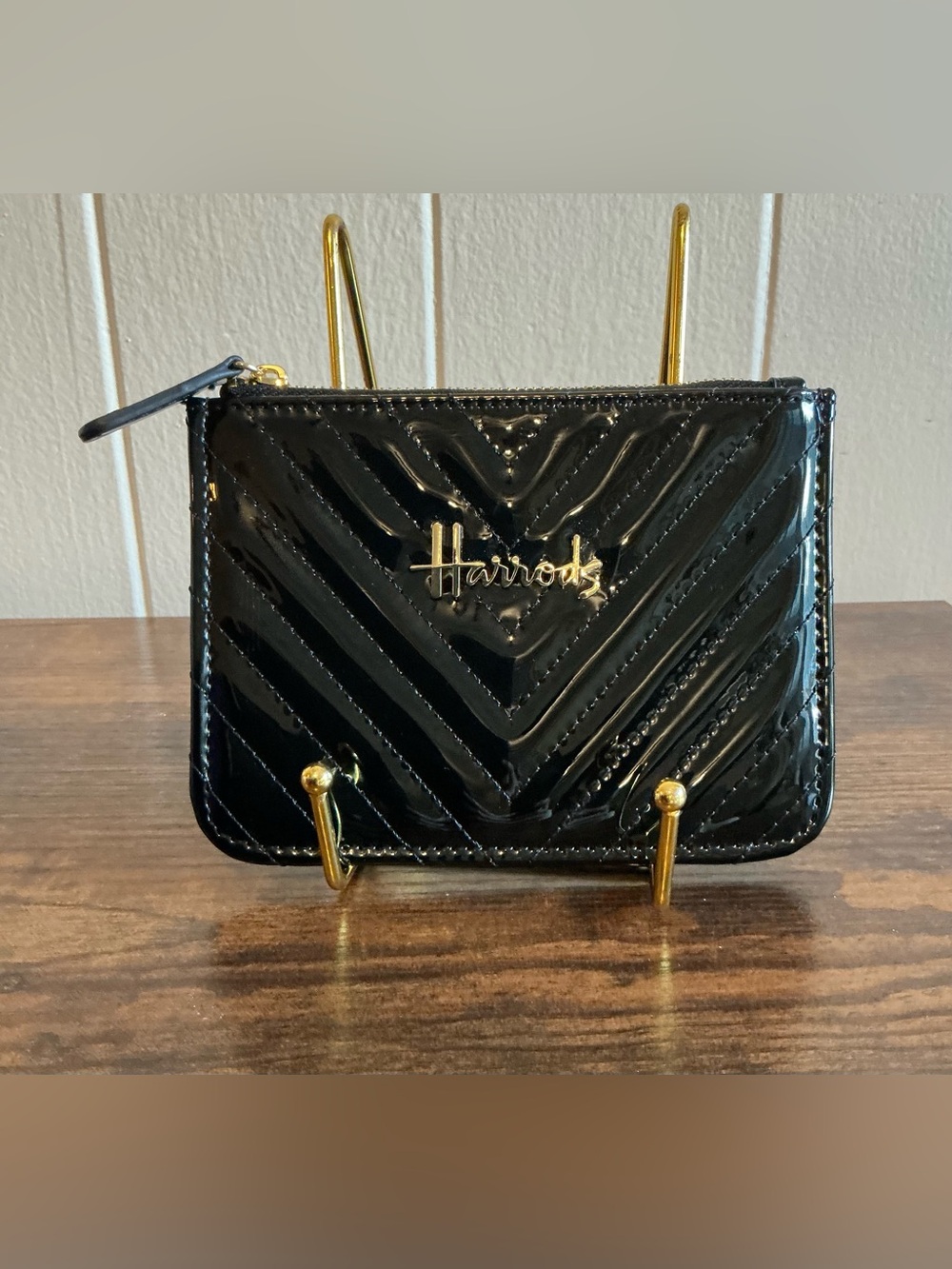 A Rare Black Patent Faux Leather Harrods Christie Chevron Coin Pouch / Wallet
